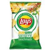 A 150g bag of Lay's Subway Teriyaki Crisps, with tangy teriyaki flavor and images of crisps and a sandwich on the front. Packaging shows text in English and German.